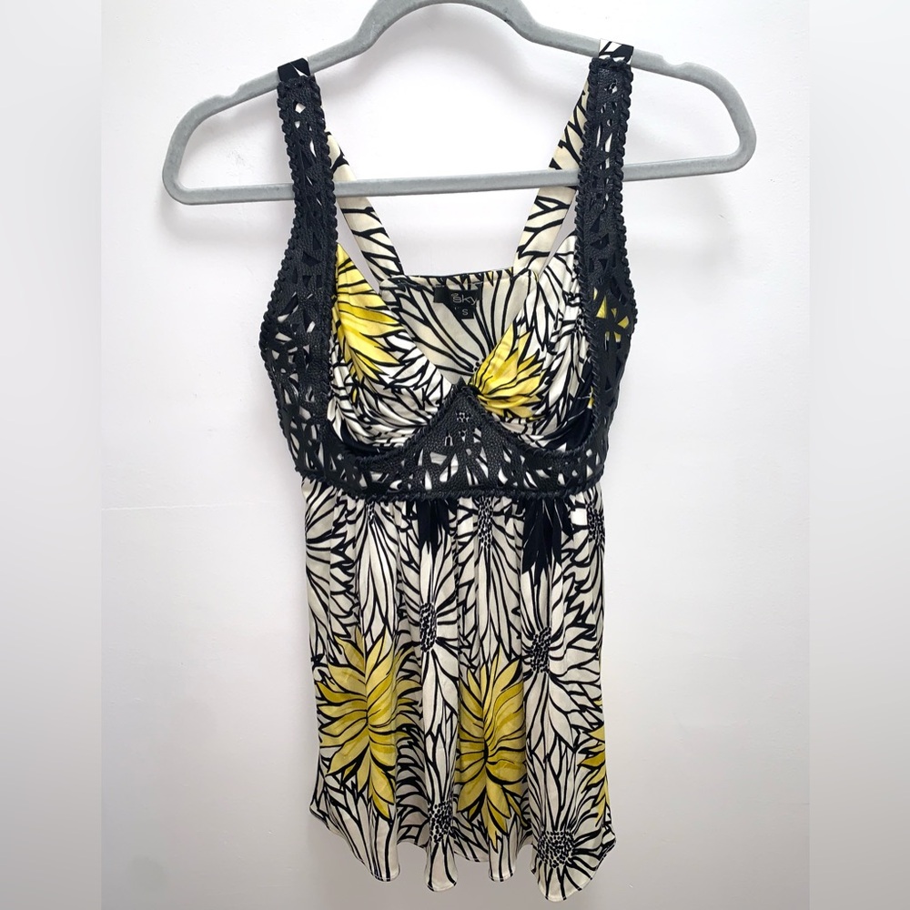 SKY 100% Silk Leather Trim Floral Tank Top Size Small